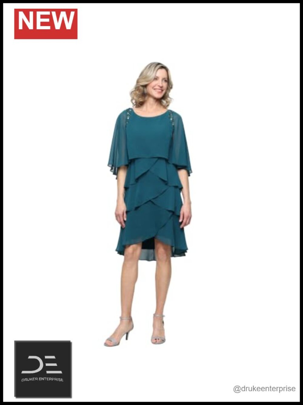 Tiered Chiffon Cocktail Dress with Attached Cape & Beaded Shoulders